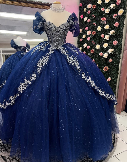Robe de Quinceanera en tulle bleu marine scintillante avec épaules dénudées et appliques