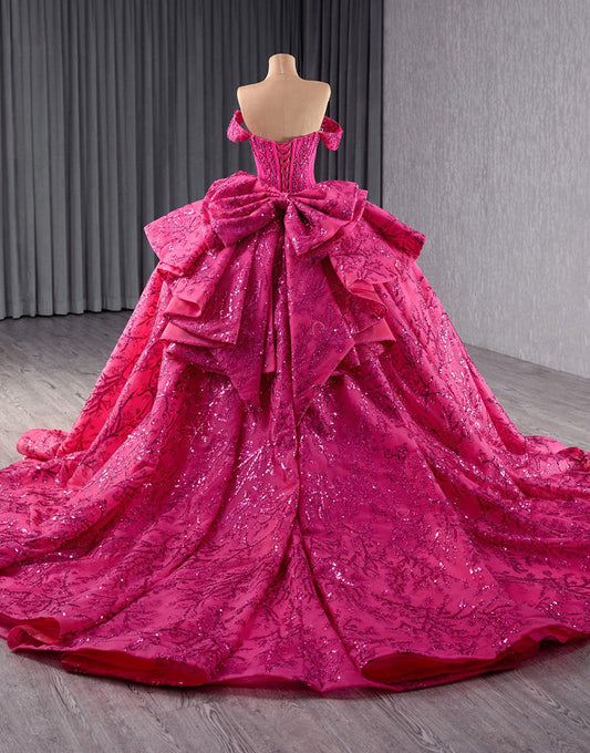 Robe de princesse Quinceanera à paillettes fuchsia scintillantes sans bretelles avec perles