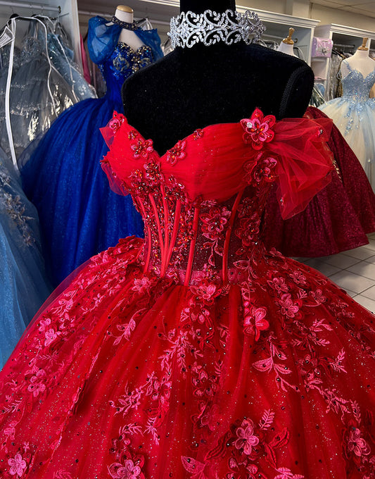 Robe de bal en tulle rouge scintillante à épaules dénudées et appliques