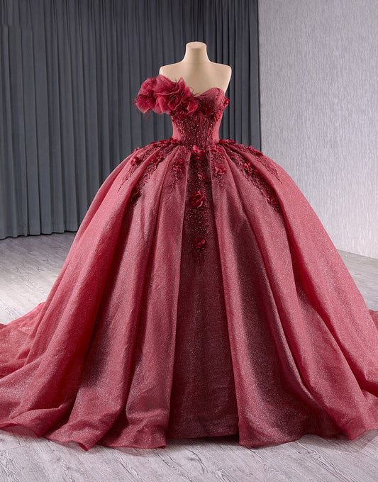 Robe de bal de Quinceanera bordeaux scintillante à une épaule avec appliques perlées