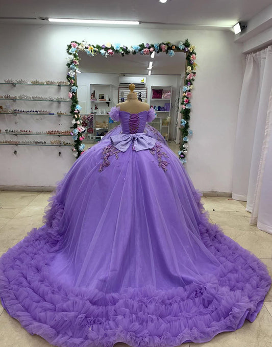 Robe de Quinceanera en tulle de princesse à épaules dénudées et nœud
