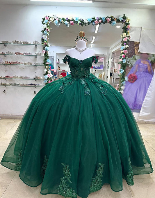 Robe de Quinceanera en tulle vert foncé avec appliques et épaules dénudées