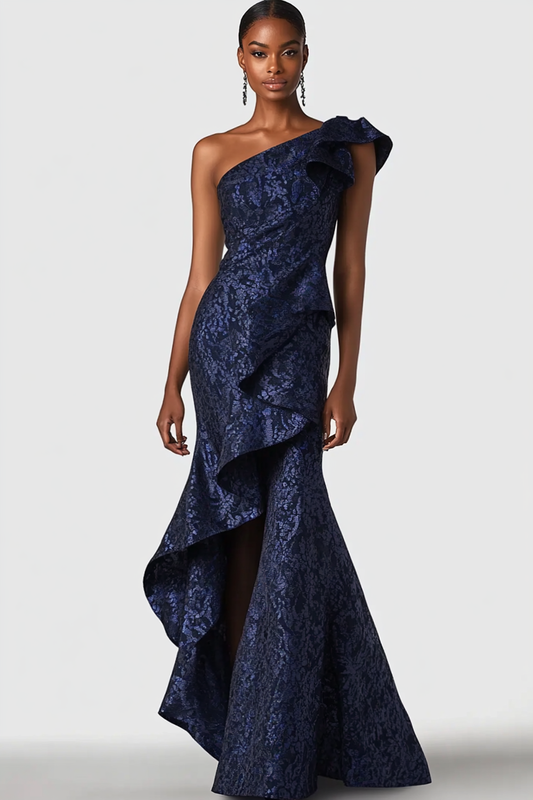 Robe formelle sirène en jacquard satiné bleu marine à une épaule à volants
