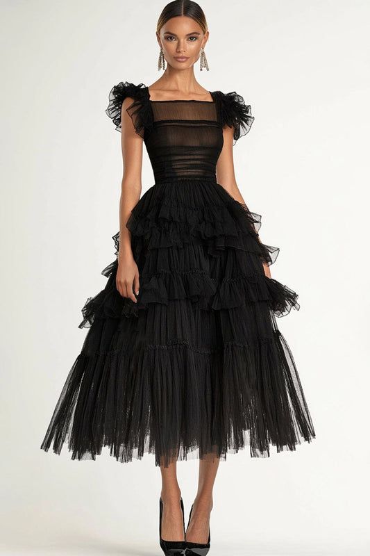 Noir A-ligne Manches Plus Plates Volants Tulle Thé Longueur Robe Formelle