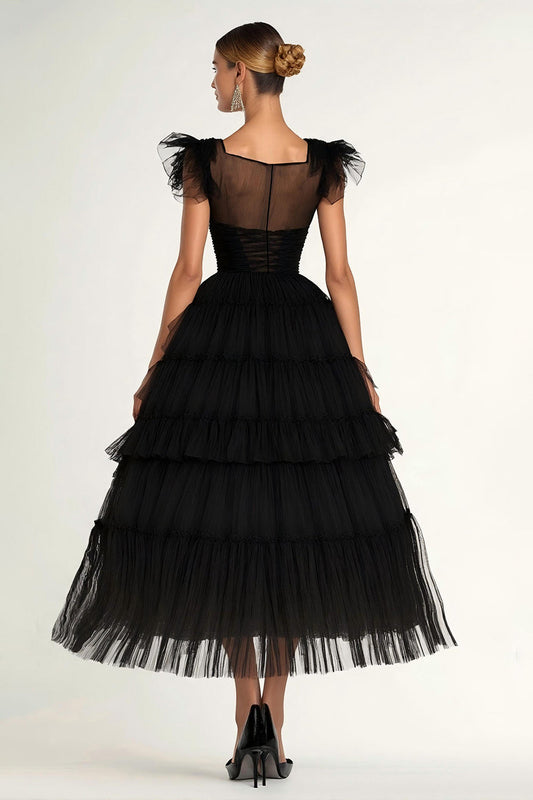 Noir A-ligne Manches Plus Plates Volants Tulle Thé Longueur Robe Formelle