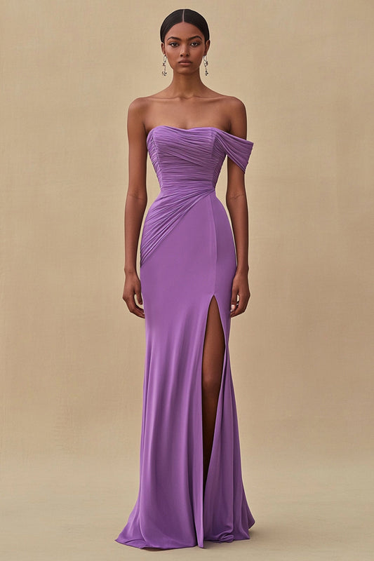 Robe longue formelle sirène violette à épaules dénudées avec fente