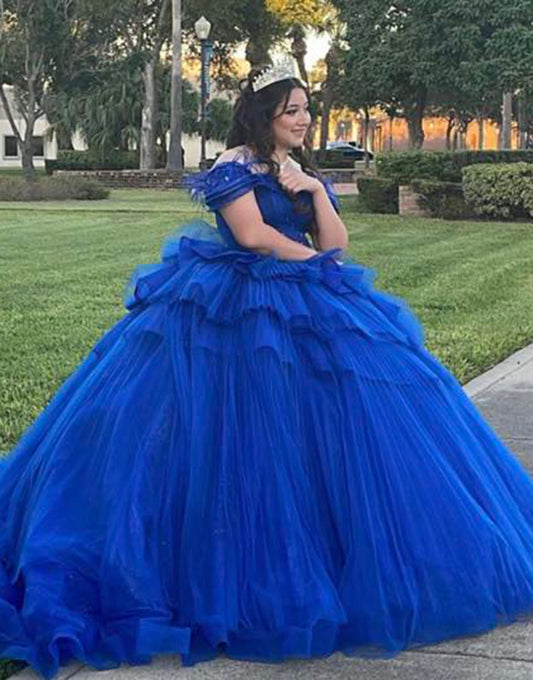 Robe de bal bleu royal en tulle à épaules dénudées