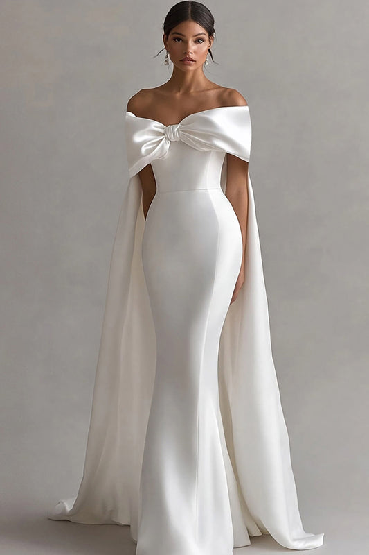Robe de mariée longue sirène blanche à épaules dénudées