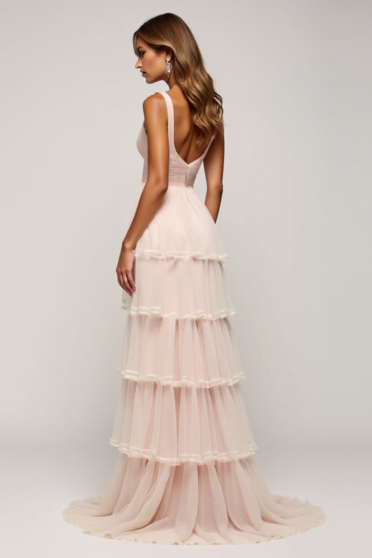 Robe longue de bal en tulle à volants à col en V rose bonbon