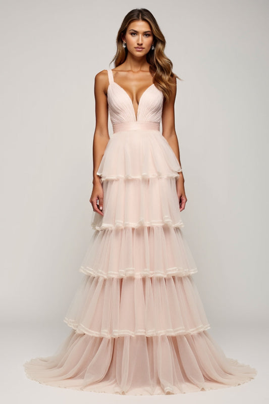 Robe longue de bal en tulle à volants à col en V rose bonbon