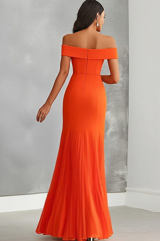 Robe longue formelle sirène orange à épaules dénudées