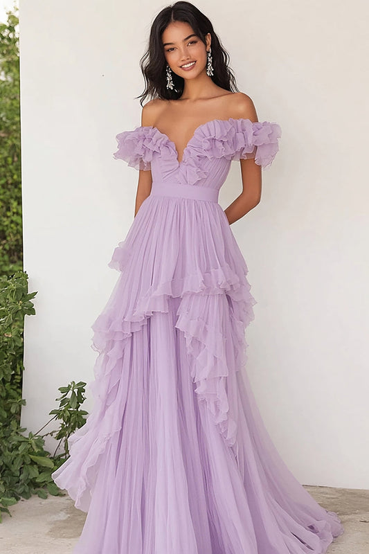 Robe de bal plissée à volants lilas à épaules dénudées