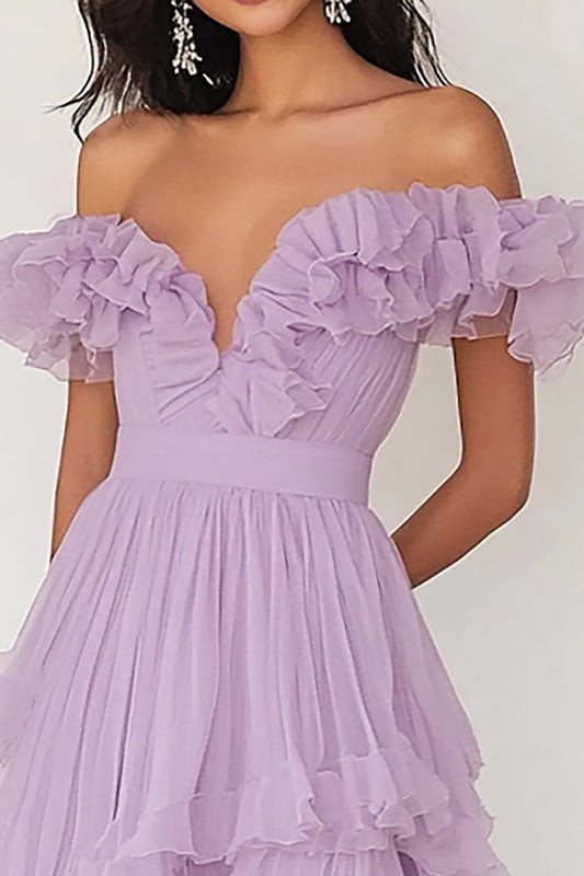 Robe de bal plissée à volants lilas à épaules dénudées