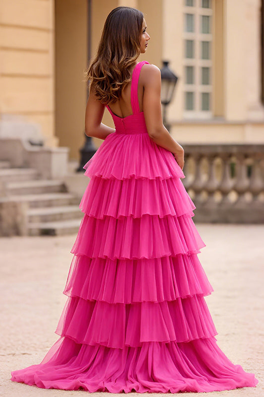 Robe de bal longue en tulle à col en V fuchsia à volants