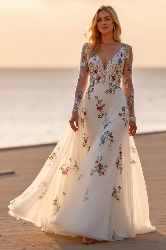 Robe de mariée boho à manches longues florales blanches