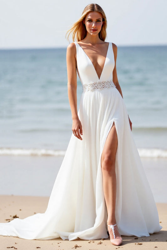 Robe de mariée de plage blanche à applique en applique avec fente
