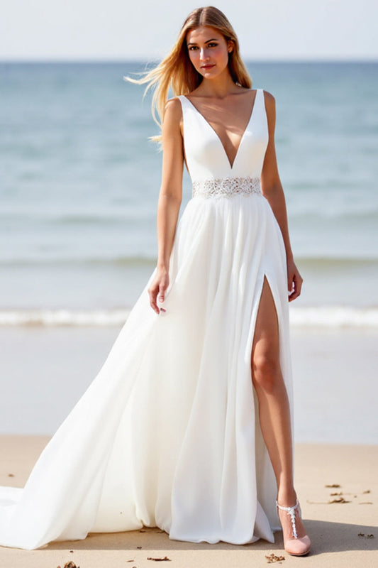 Robe de mariée de plage blanche à applique en applique avec fente