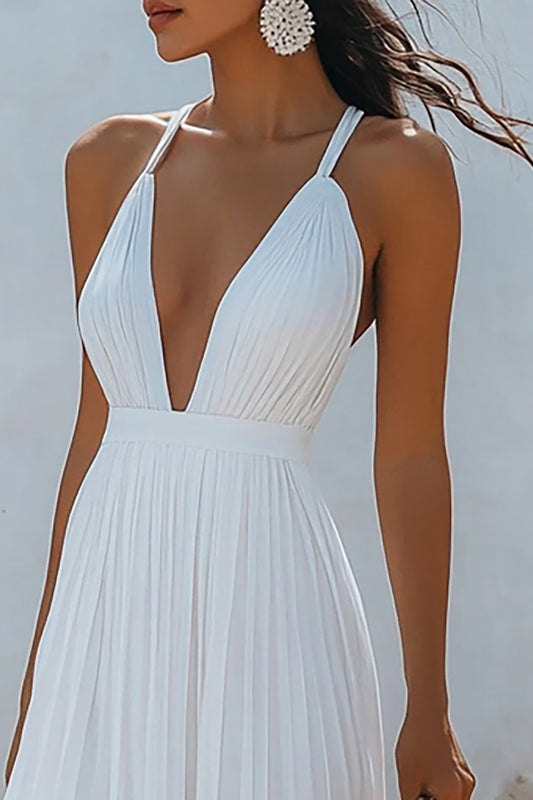 Robe longue de fête de Noël plissée blanche à col en V