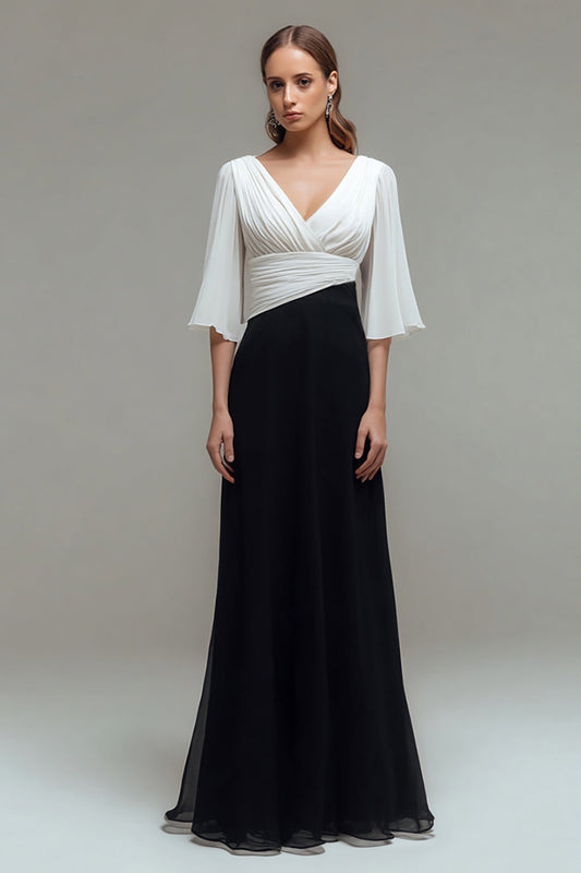 Robe longue formelle trapèze noire et blanche à col en V avec manches flottantes