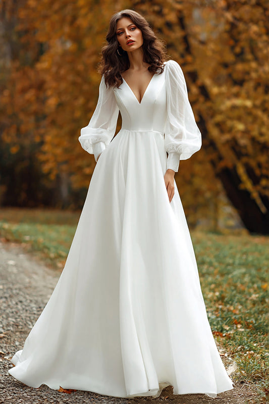 Robe de mariée simple à col en V trapèze à manches longues ivoire