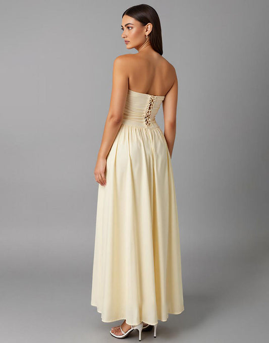 Simple Mousseline de Soie Jonquille Sans Bretelles Une Robe De Soirée Trapèze