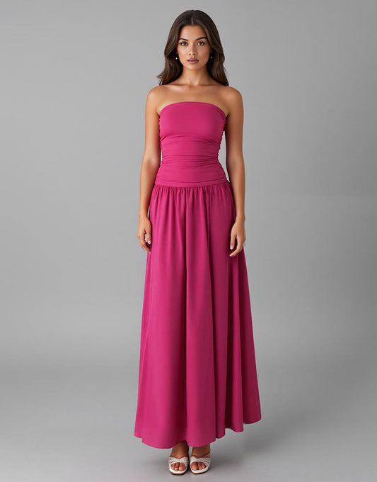 Simple Fuchsia Mousseline De Soie Sans Bretelles Une Robe De Soirée Trapèze