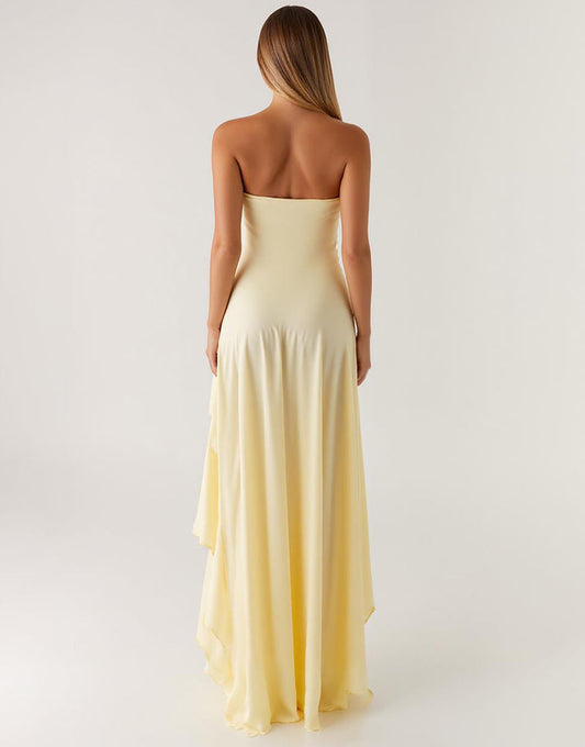 Robe formelle bustier en mousseline de soie à volants jonquille haut-bas