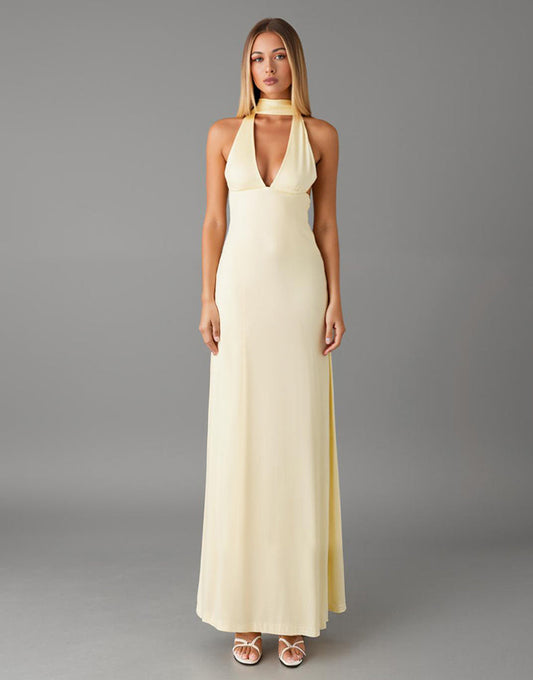 Robe formelle en mousseline de soie à col en V jonquille