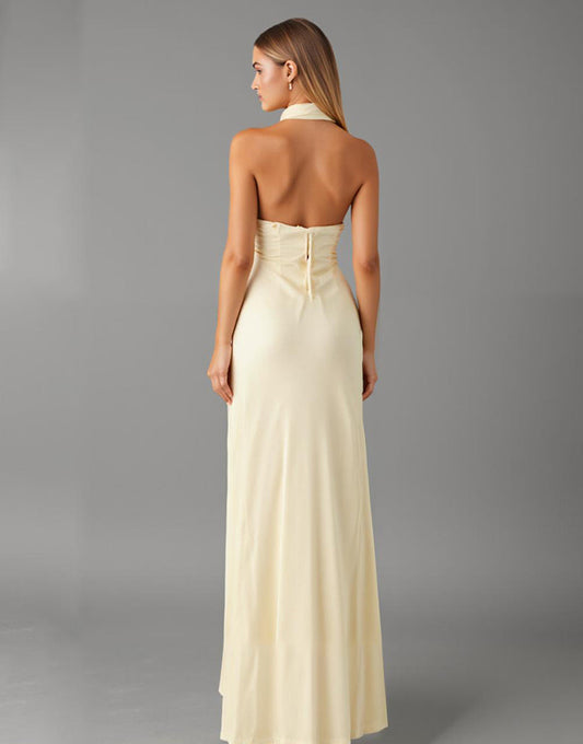 Robe formelle en mousseline de soie à col en V jonquille