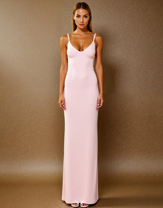 Robe longue formelle simple à bretelles spaghetti rose clair