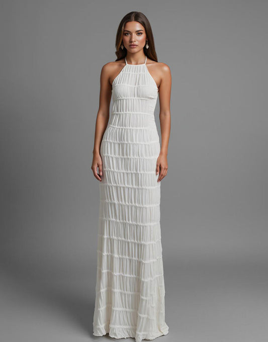 Robe de soirée longue dos nu fourreau en mousseline de soie ivoire