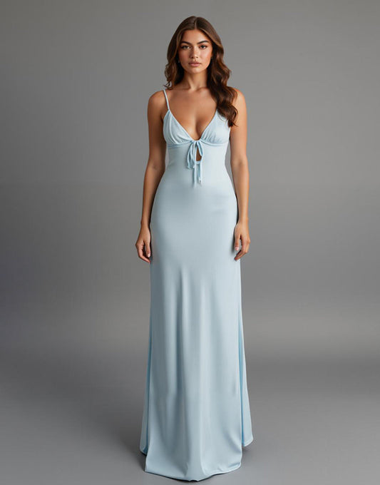 Robe de soirée en satin à bretelles spaghetti bleu ciel