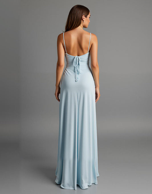 Robe de soirée en satin à bretelles spaghetti bleu ciel