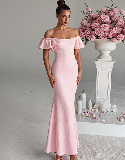 Robe de soirée en satin sirène rose clair à épaules dénudées