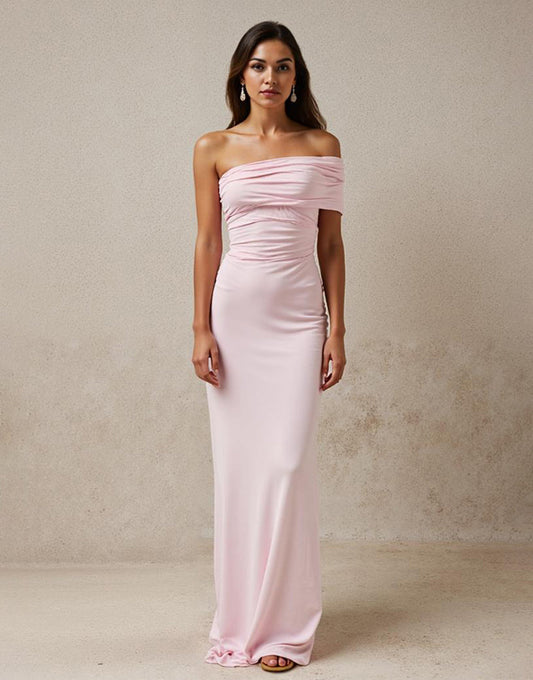 Robe de soirée longue fourreau froncé rose clair à une épaule