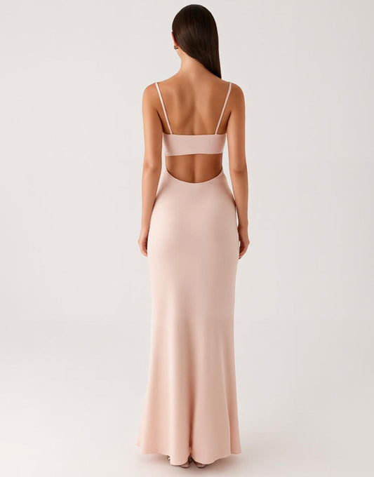 Abricot Mousseline Spaghetti Bretelles Fourreau Robe de Soirée Longue