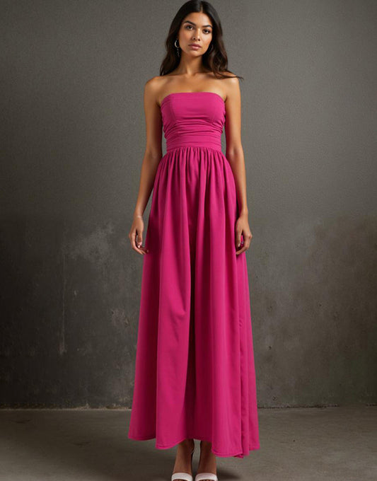 Robe de soirée bustier fuchsia A Line froncée Cottton