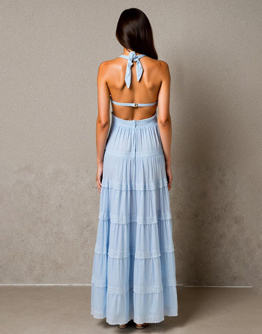 Robe de soirée froncée bleu ciel licol