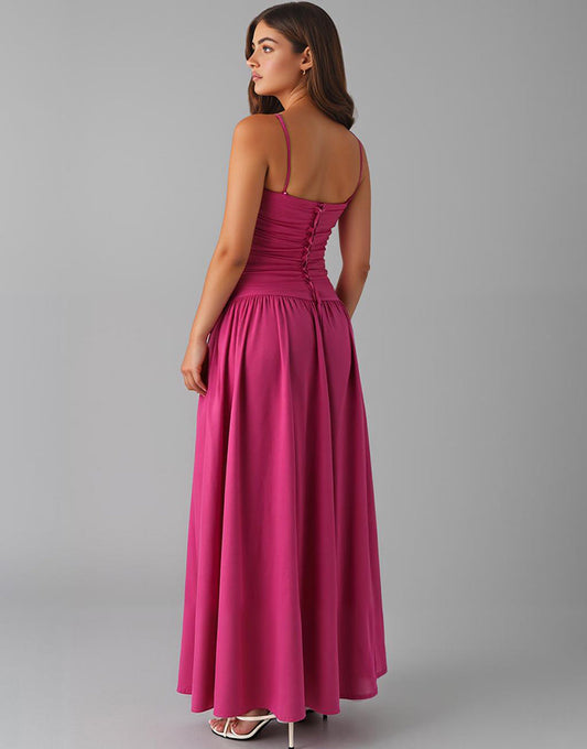 Robe de soirée en coton fuchsia à bretelles spaghetti