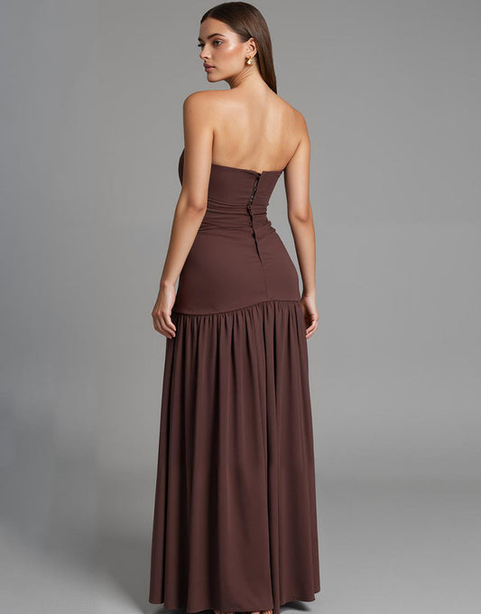 Café sans bretelles Une ligne Robe de soirée en coton froncé avec fente