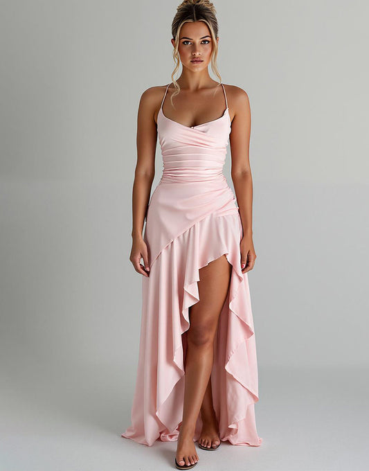 Robe de soirée en mousseline de soie rose clair à volants High-Low