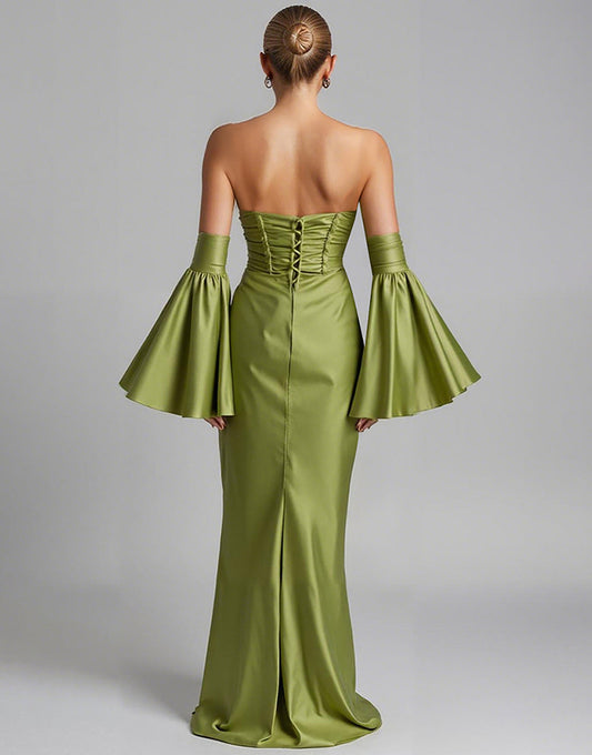 Robe de soirée sirène sans bretelles froncée à manches bouffantes turquoise