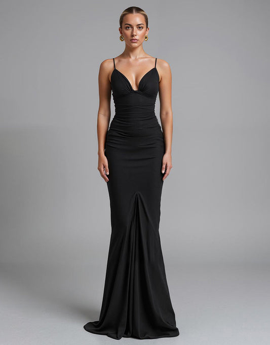 Spaghetti Straps Noir Strecth Satin Sirène Robe de soirée froncée