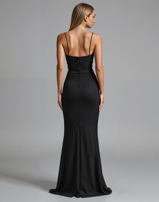 Spaghetti Straps Noir Strecth Satin Sirène Robe de soirée froncée