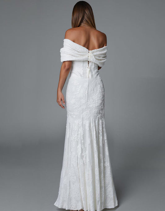 Robe de soirée sirène ivoire à épaules dénudées avec dentelle