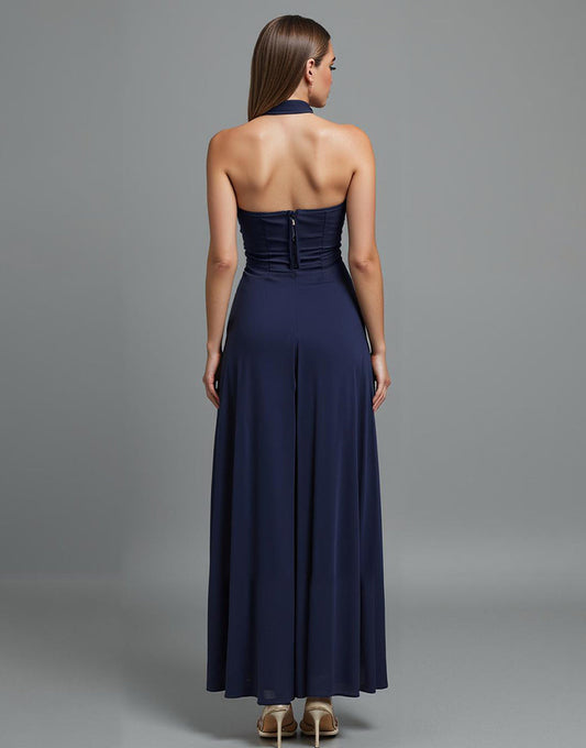 Robe de soirée bustier gaine bleu foncé avec fente