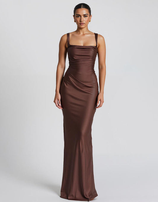 Robe de soirée longue en satin sirène café