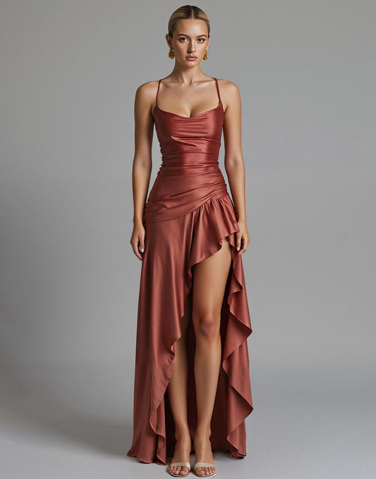 Robe de soirée Cabernet fourreau haut bas à volants