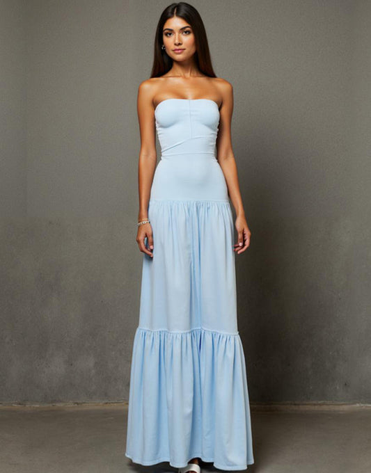 Robe de soirée longue trapèze bleu ciel avec fente