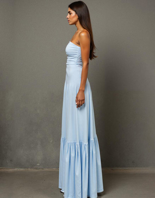 Robe de soirée longue trapèze bleu ciel avec fente